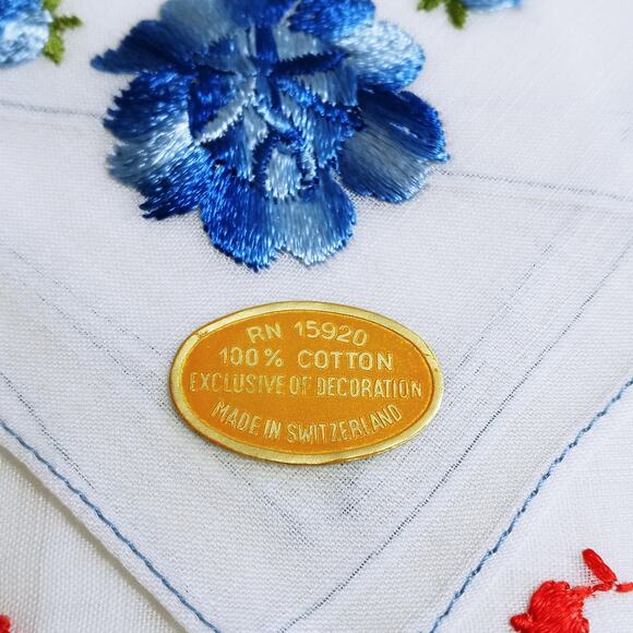 Red/ Blue Floral Embroidered 2 Handkerchiefs Cottagecore Hankie Switzerland NOS - Picture 4 of 5